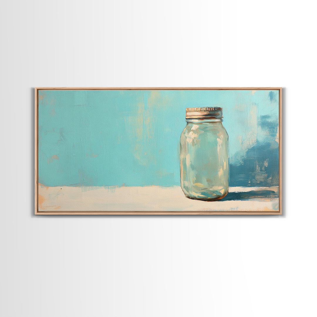 Single Mason Jar On Turquoise Background Wall Art, Minimalist Kitchen Print, Farmhouse Decor, Rustic Home Decor, Gift For Her