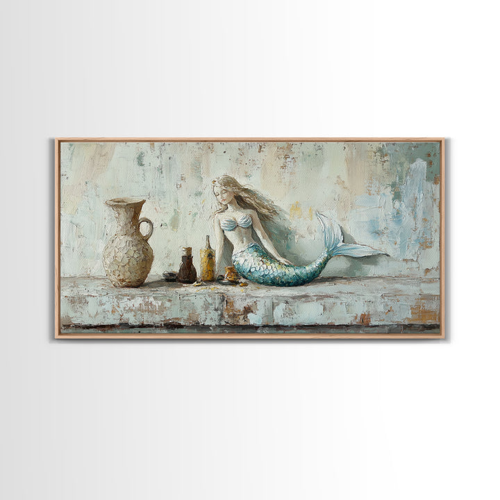 Rustic Mermaid Shelf Still Life Canvas Print, Coastal Wall Art, Beach House Decor, Nautical Bathroom Decor, Gift For Her