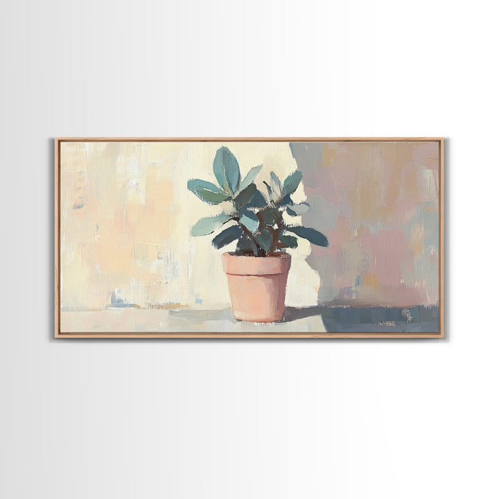 Potted Plant In Pink Pot Framed Canvas Print, Botanical Wall Art, Sage Green Decor, Modern Farmhouse Home Decor Gift Idea