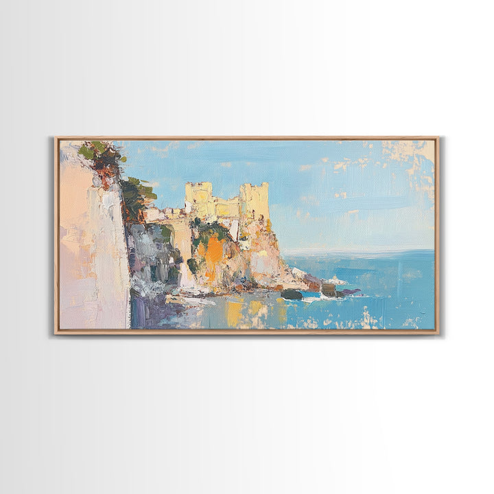 Sunlit Coastal Castle By Blue Sea Canvas Print, Mediterranean Wall Art, Italy Coast Decor, Seascape Painting, Travel Gift