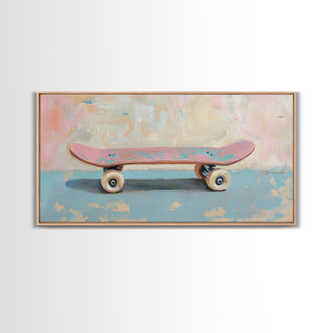 Pink Skateboard On Blue Wall Framed Canvas Print, Retro Wall Art, Teen Room Decor, Preppy Wall Art, Dopamine Decor Gift Idea
