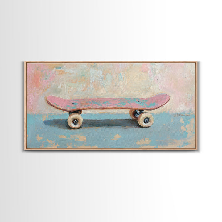 Pink Skateboard On Blue Wall Framed Canvas Print, Retro Wall Art, Teen Room Decor, Preppy Wall Art, Dopamine Decor Gift Idea
