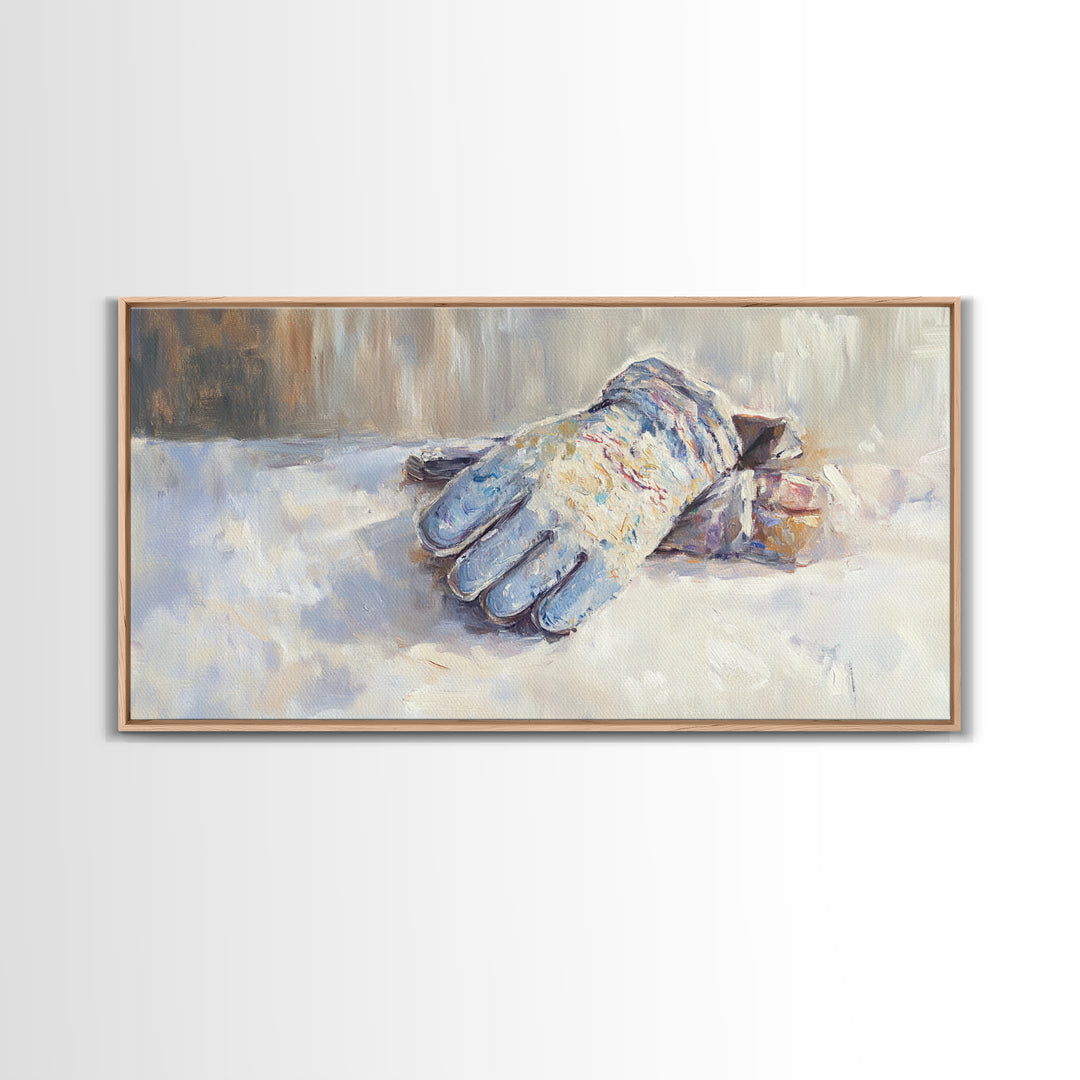 Snowy Blue Winter Glove Oil Painting Wall Art, Rustic Cabin Decor, Neutral Home Decor, Cozy Bedroom Art, Housewarming Gift