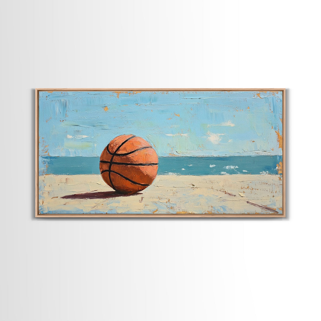 Basketball On Sandy Beach Canvas Print, Coastal Wall Art, Boys Room Decor, Sports Poster, Ocean Wall Decor, Gift For Him