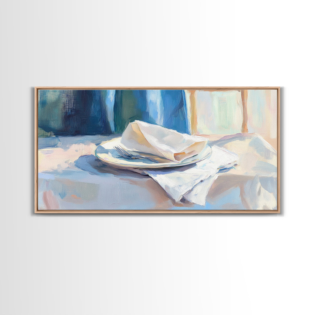 Blue Linen Plate Still Life Wall Art, Dining Room Print, Kitchen Decor, Modern Farmhouse Canvas, Neutral Home Decor, Housewarming Gift