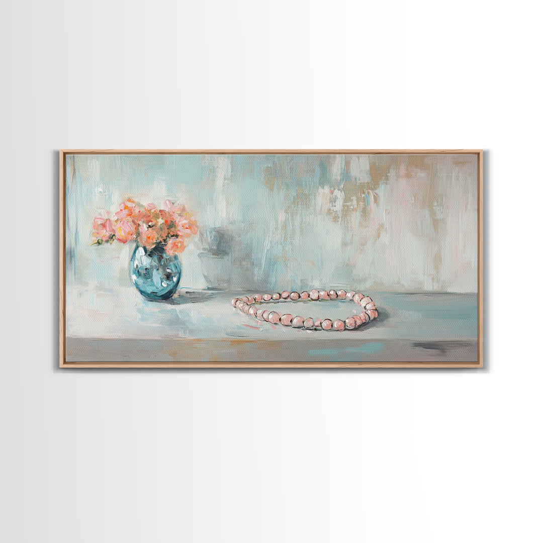 Pink Flowers And Pearl Necklace Framed Canvas Print, Feminine Wall Art, Romantic Bedroom Decor, Gift For Her, Soft Pastel Art