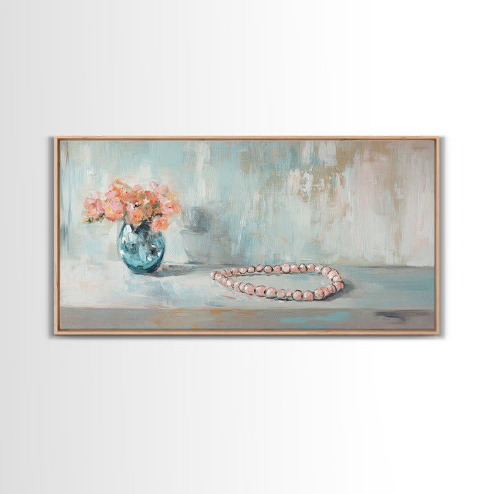 Pink Flowers And Pearl Necklace Framed Canvas Print, Feminine Wall Art, Romantic Bedroom Decor, Gift For Her, Soft Pastel Art