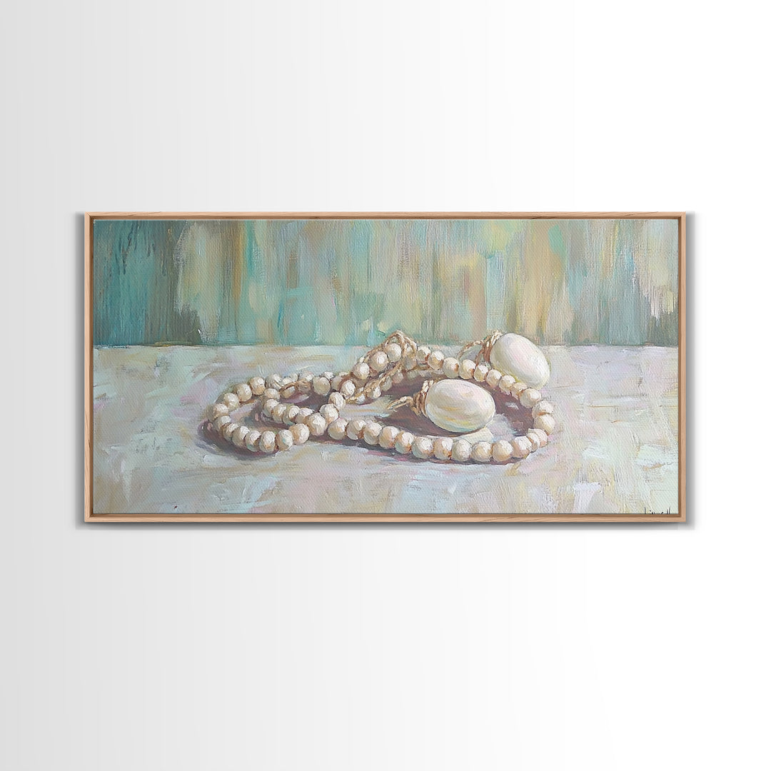 White Pearl Necklace Still Life Wall Art, Feminine Coastal Decor, Elegant Bathroom Art, Romantic Bedroom Canvas Print, Gift For Her
