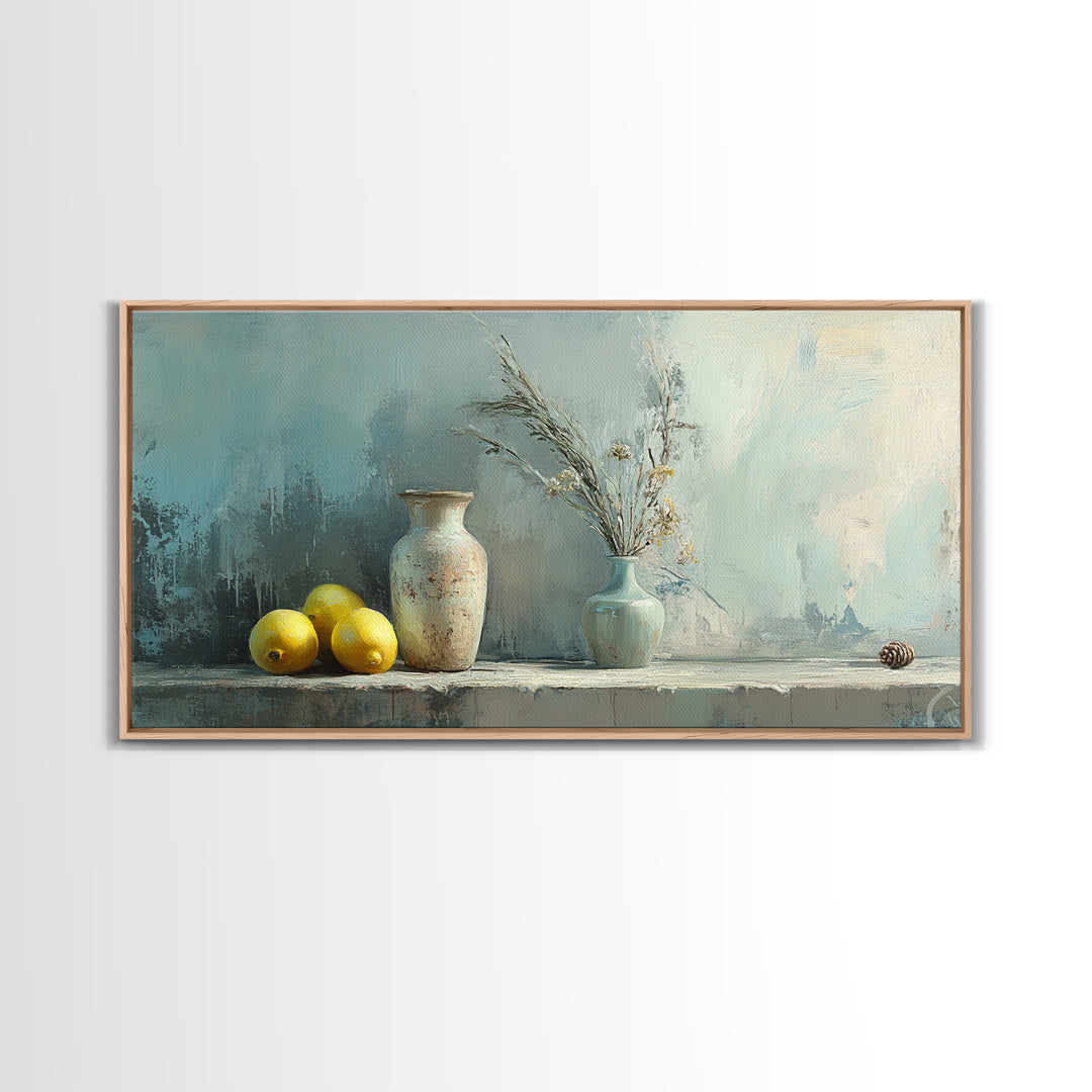 Lemons And Ceramic Vases Canvas Print, Rustic Kitchen Wall Art, French Country Decor, Neutral Still Life, Farmhouse Home Decor