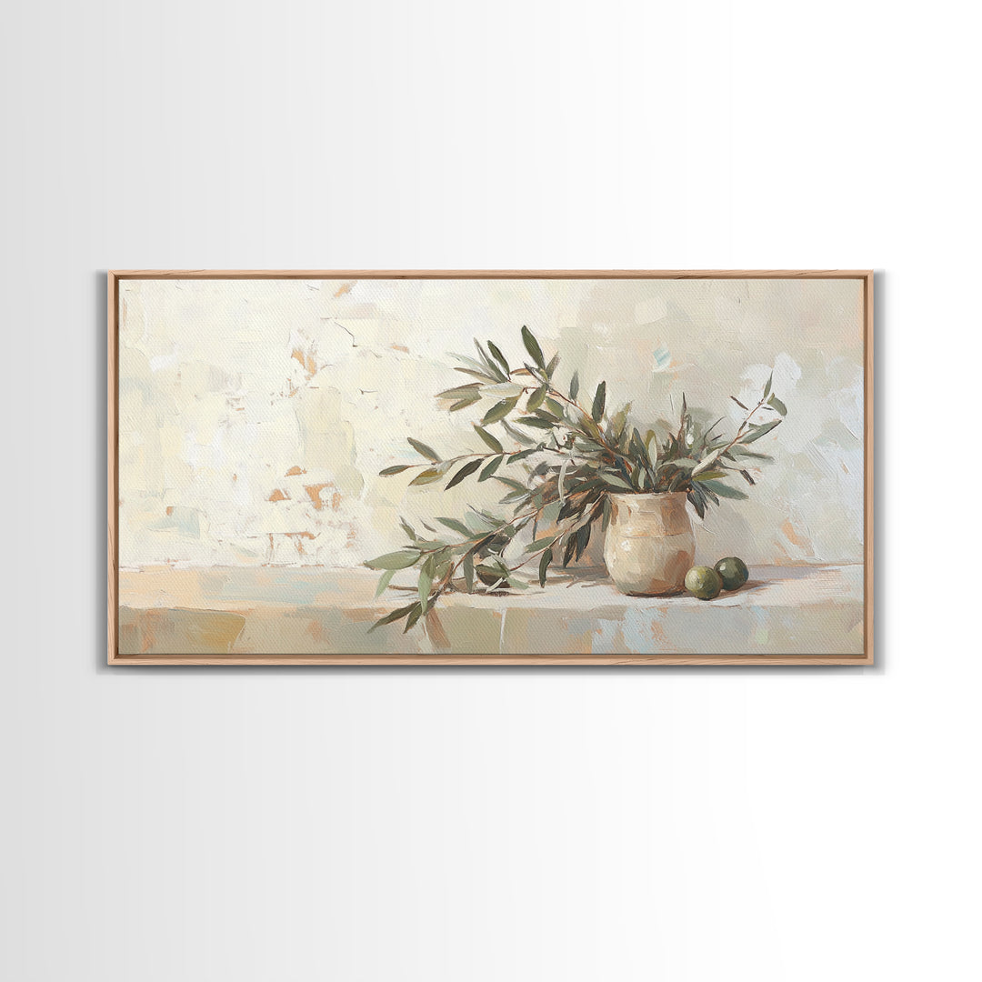 Olive Branches In Ceramic Vase Framed Canvas Print, Neutral Kitchen Decor, Botanical Wall Art, Mediterranean Home Decor Gift