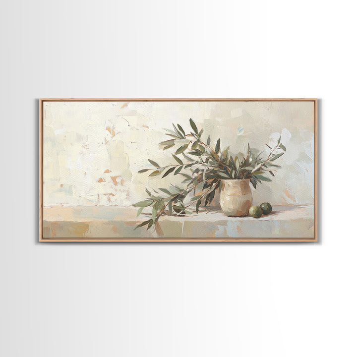 Olive Branches In Ceramic Vase Framed Canvas Print, Neutral Kitchen Decor, Botanical Wall Art, Mediterranean Home Decor Gift