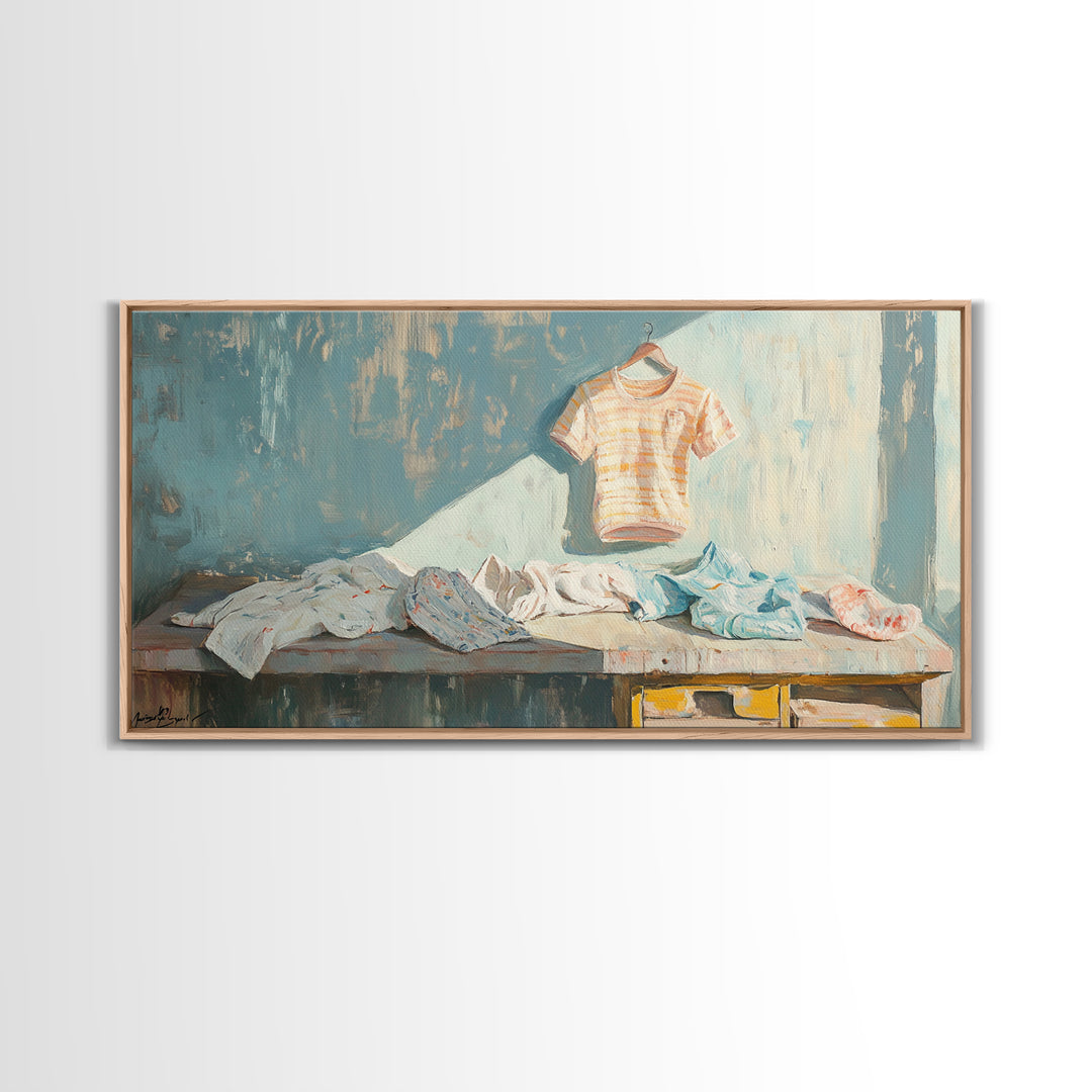 Sunlit Laundry Table With Baby Clothes Wall Art, Laundry Room Decor, Nursery Wall Art, Farmhouse Home Decor Canvas Print