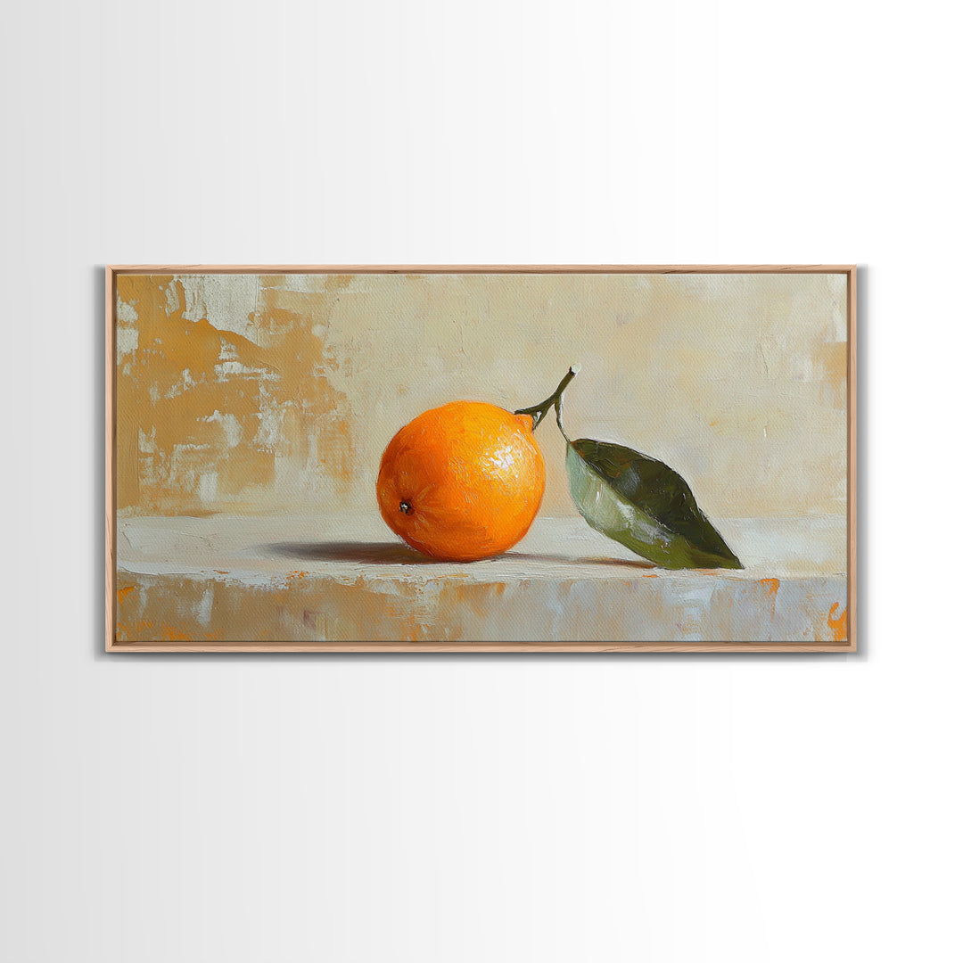 Single Orange With Glossy Green Leaf Canvas Print, Minimalist Kitchen Wall Art, Fruit Still Life, Modern Home Decor Gift