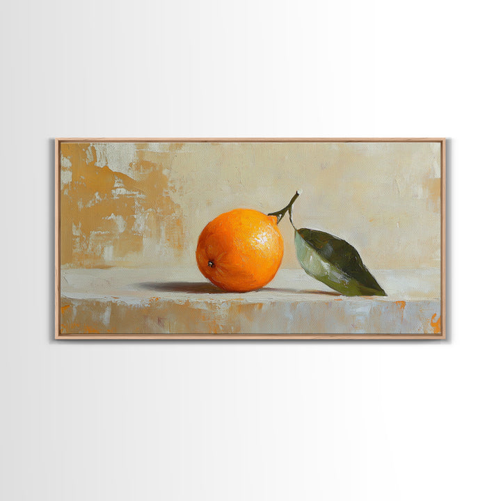 Single Orange With Glossy Green Leaf Canvas Print, Minimalist Kitchen Wall Art, Fruit Still Life, Modern Home Decor Gift