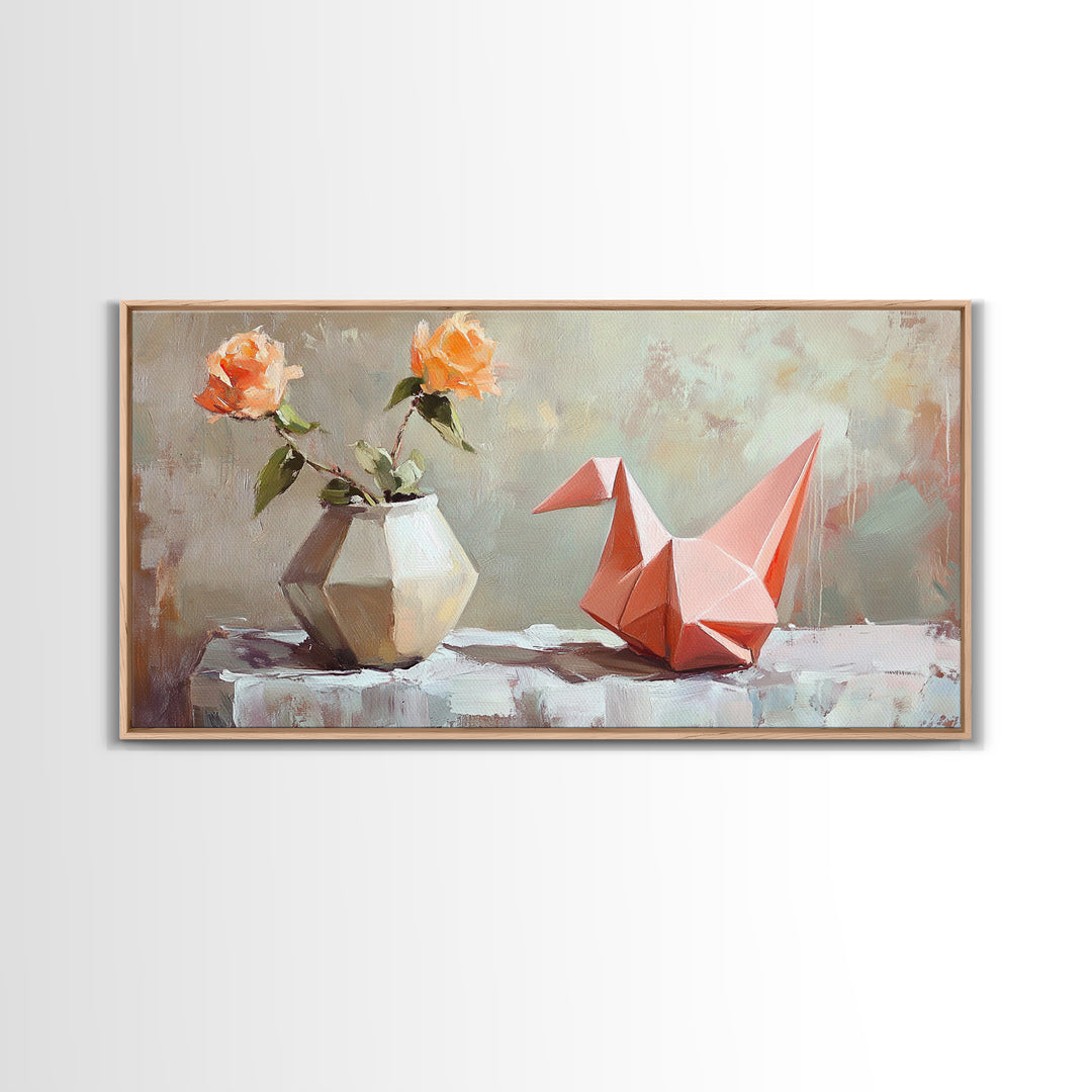 Pink Origami Fox With Peach Roses Wall Art, Whimsical Still Life Canvas Print, Girly Room Decor, Unique Gift For Her, Cute Prints