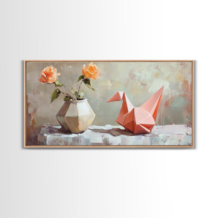 Pink Origami Fox With Peach Roses Wall Art, Whimsical Still Life Canvas Print, Girly Room Decor, Unique Gift For Her, Cute Prints