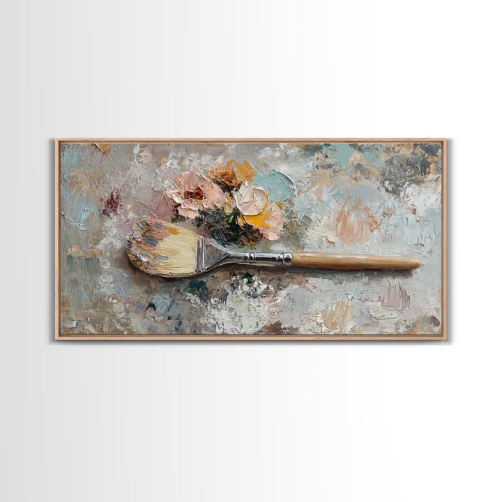 Palette Knife Paintbrush With Soft Roses Wall Art, Artist Studio Decor, Floral Still Life Canvas Print, Gift For Art Lover