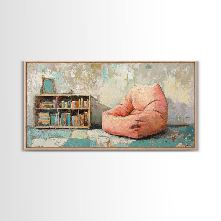 Cozy Pink Bean Bag Chair And Bookshelf Wall Art, Reading Nook Decor, Book Lover Art, Kids Room Canvas Print, Playroom Decor