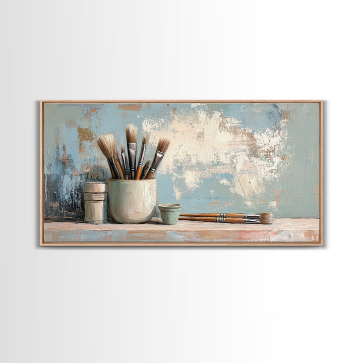 Artist Brushes In Ceramic Cup Canvas Print, Art Studio Wall Art, Creative Office Decor, Neutral Modern Home Decor Housewarming Gift