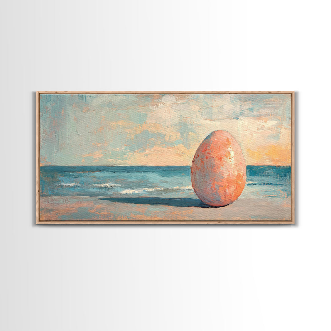 Surreal Pink Egg On Ocean Shore Canvas Print, Coastal Wall Art, Beach House Decor, Modern Seascape For Living Room, Statement Home Decor