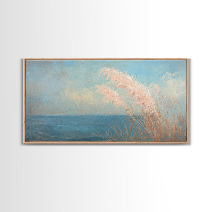 Soft Pampas Grass By Blue Sea Wall Art, Coastal Canvas Print, Minimalist Beach House Decor, Serene Nature Wall Decor, For Bedroom