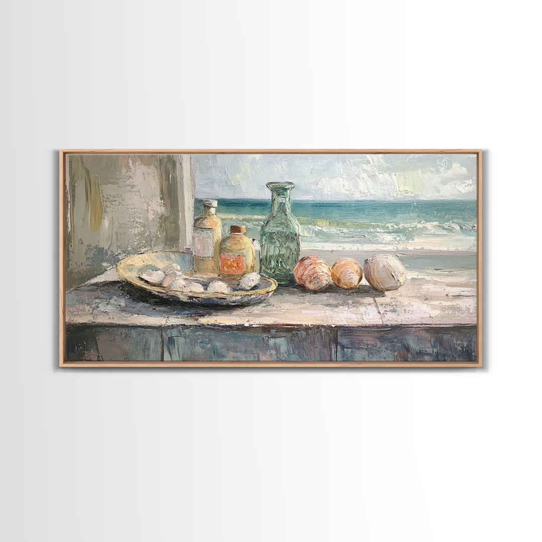Seashells And Green Glass Bottle Canvas Print, Coastal Kitchen Wall Art, Beach House Decor, Nautical Still Life Fine Art Print