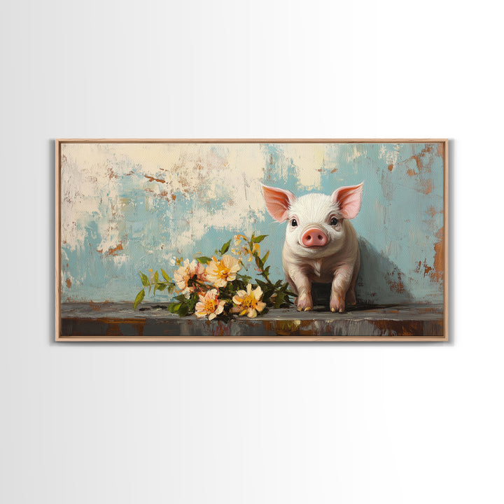 Cute Piglet With Spring Flowers Canvas Print, Farm Animal Wall Art, Whimsical Nursery Decor, Farmhouse Kitchen Wall Decor
