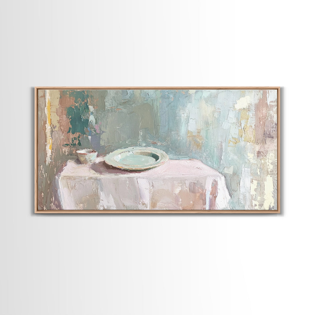 Pale Plate And Bowl Still Life Wall Art, Minimalist Kitchen Decor, Neutral Canvas Wall Art, Modern Dining Room Print, Home Decor