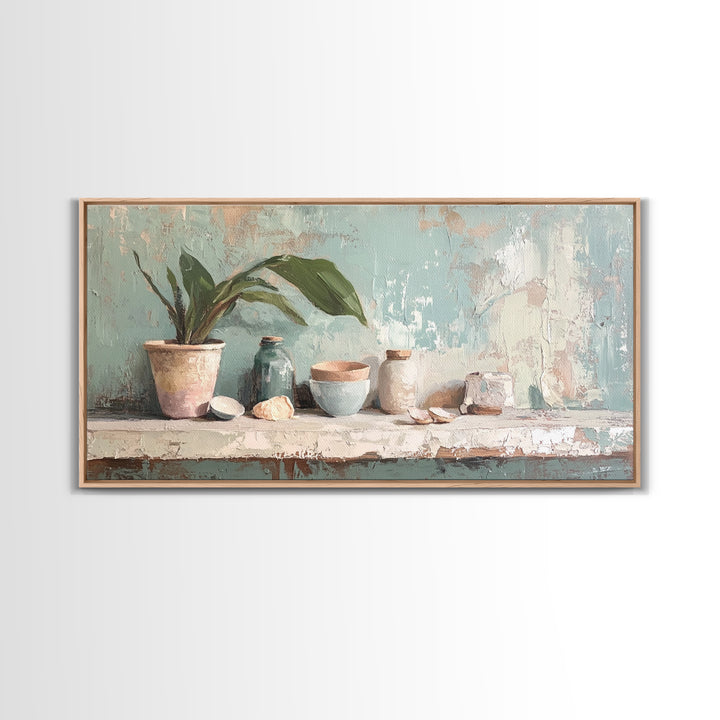 Potted Plant And Ceramic Bowl Canvas Print, Botanical Wall Art, Japandi Kitchen Decor, Neutral Home Decor For Living Room