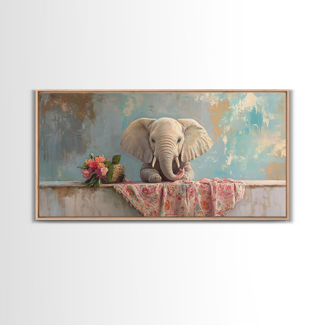Baby Elephant With Flowers Framed Canvas Print, Safari Nursery Wall Art, Animal Wall Decor, Whimsical Kids Room Decor, Baby Shower Gift