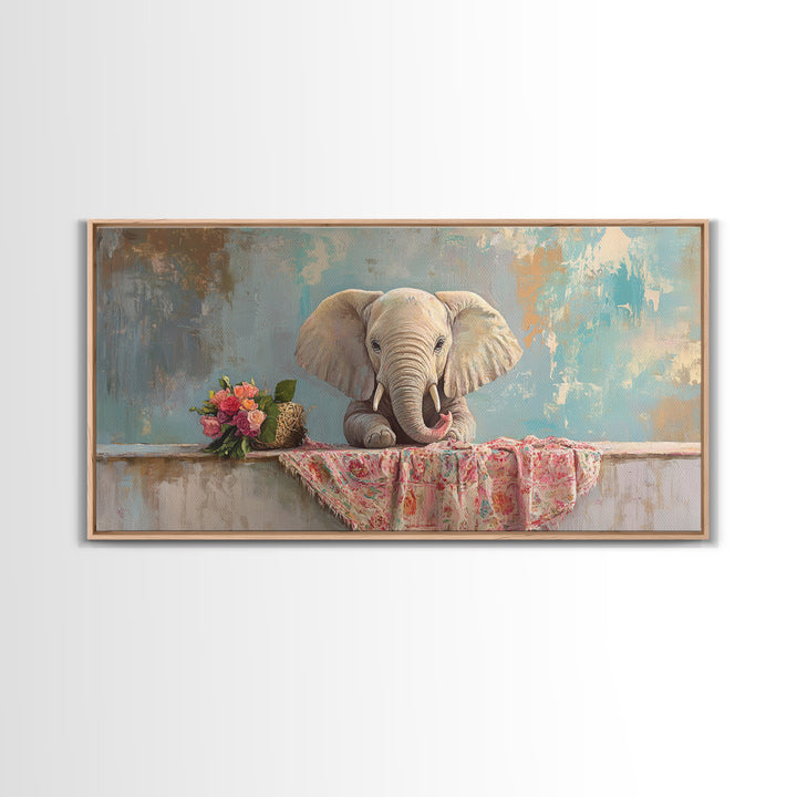 Baby Elephant With Flowers Framed Canvas Print, Safari Nursery Wall Art, Animal Wall Decor, Whimsical Kids Room Decor, Baby Shower Gift