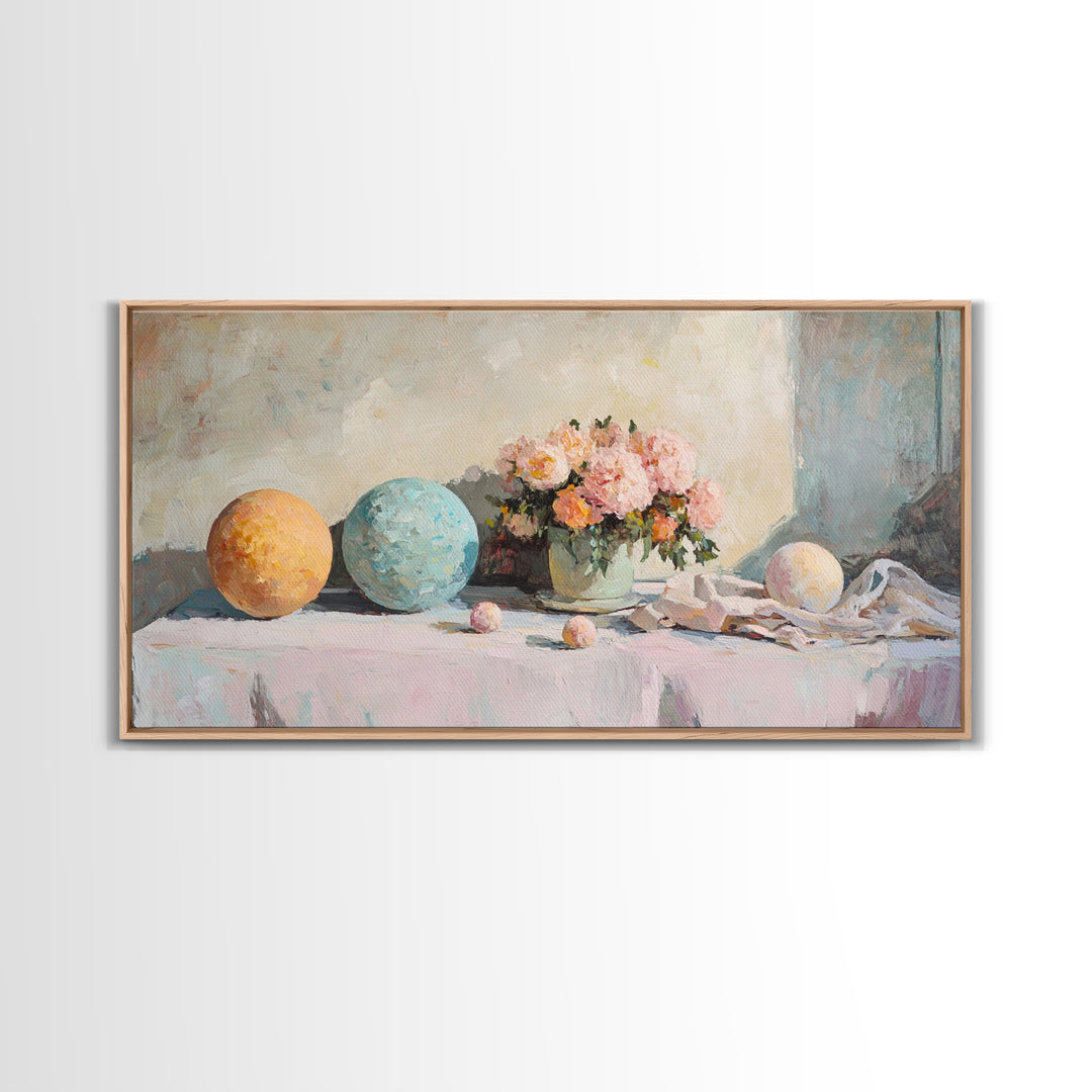 Pastel Orbs And Pink Flowers Canvas Print, Feminine Floral Wall Art, Dreamy Still Life Decor, Soft Bedroom Wall Decor For Her