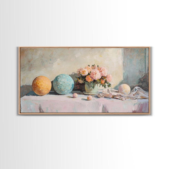 Pastel Orbs And Pink Flowers Canvas Print, Feminine Floral Wall Art, Dreamy Still Life Decor, Soft Bedroom Wall Decor For Her