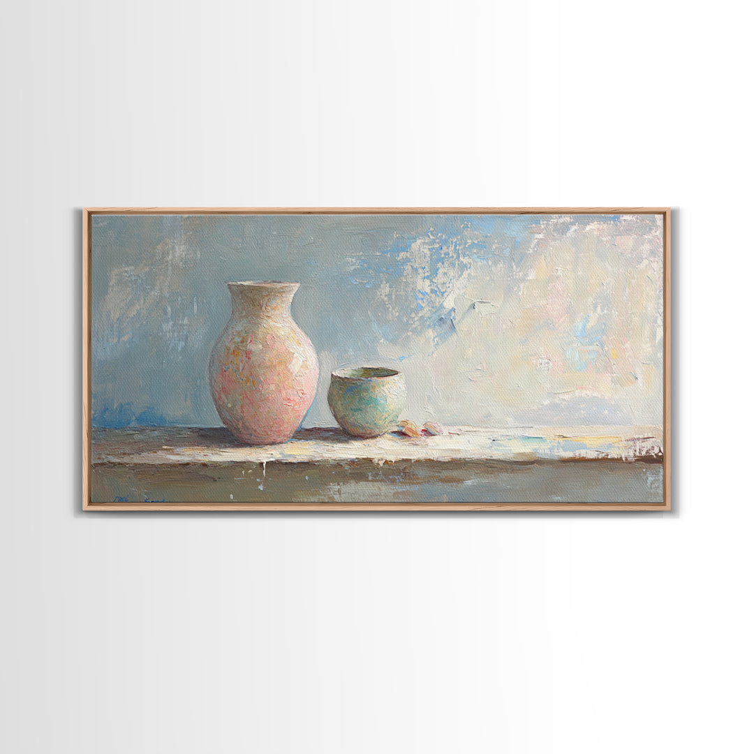 Pastel Ceramic Vase And Small Pot Wall Art, Minimalist Still Life, Neutral Home Decor, Modern Farmhouse Art, Living Room Decor