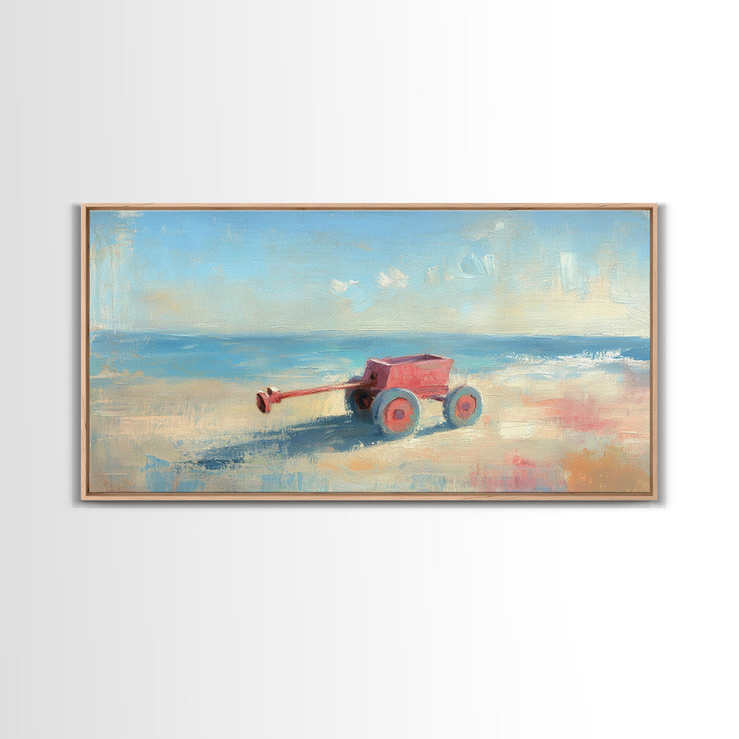 Red Toy Wagon On Sandy Beach Canvas Print, Coastal Nursery Wall Art, Whimsical Ocean Decor, Summer Kids Room Decor Print