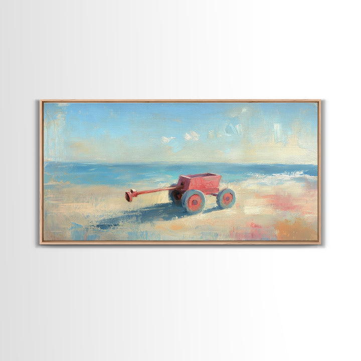 Red Toy Wagon On Sandy Beach Canvas Print, Coastal Nursery Wall Art, Whimsical Ocean Decor, Summer Kids Room Decor Print