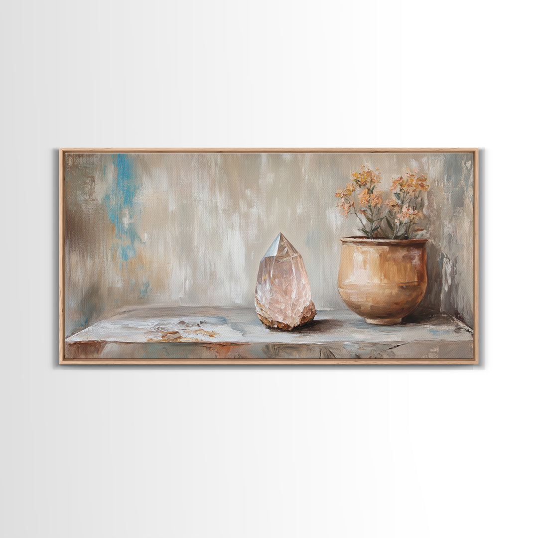 Rose Quartz Crystal And Potted Flowers Wall Art, Zen Still Life Painting, Earth Tone Boho Decor, Spiritual Canvas Print, Unique Gift