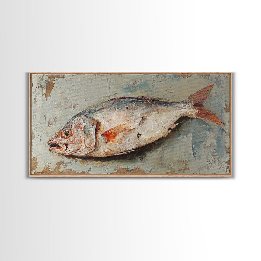 Rustic Whole Fish Oil Painting Wall Art, Coastal Kitchen Decor, Seafood Still Life, Nautical Dining Room Canvas Art Print
