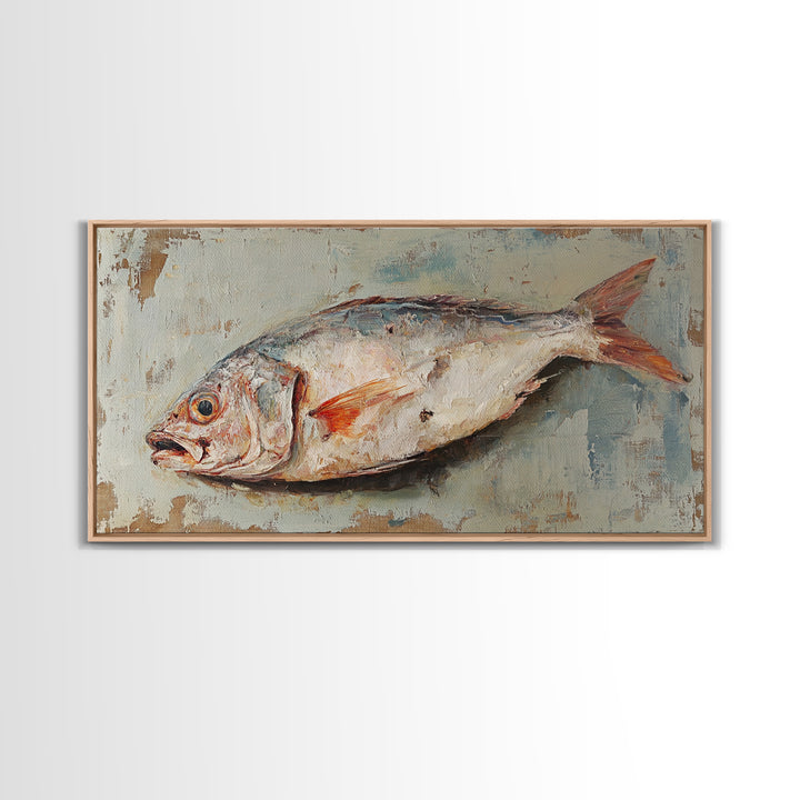 Rustic Whole Fish Oil Painting Wall Art, Coastal Kitchen Decor, Seafood Still Life, Nautical Dining Room Canvas Art Print