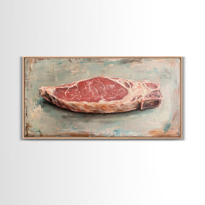 Raw Steak Oil Painting Canvas Print, Butcher Shop Kitchen Wall Art, Rustic Food Decor, Dining Room Art For Chefs, Restaurant Decor