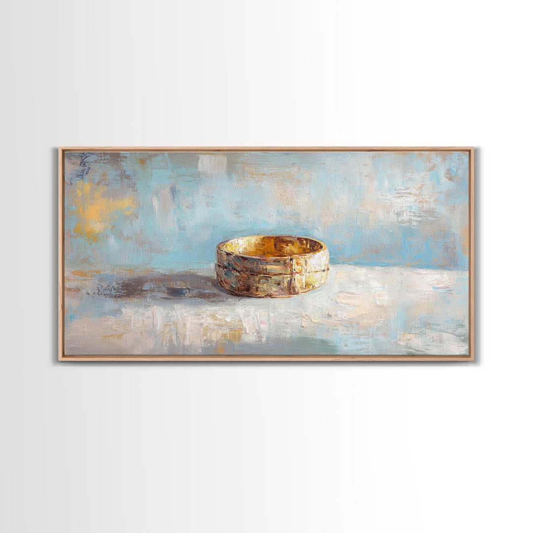 Gold Wedding Band Still Life Wall Art, Romantic Bedroom Decor, Anniversary Gift, Elegant Framed Canvas Print For Couples
