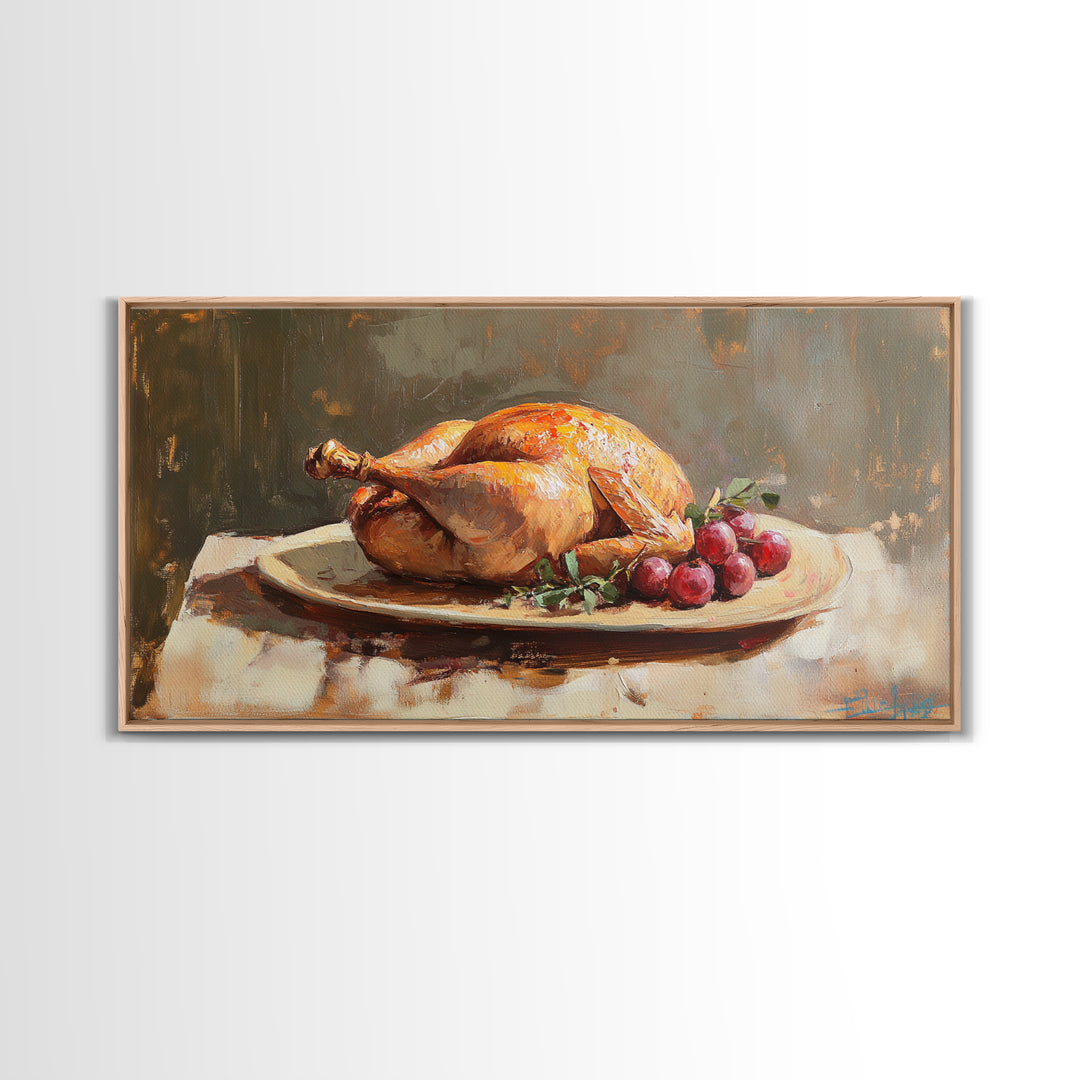 Roast Chicken And Grapes Oil Painting Wall Art, Rustic Kitchen Decor, Foodie Gift, Farmhouse Dining Room Canvas Print For Chefs