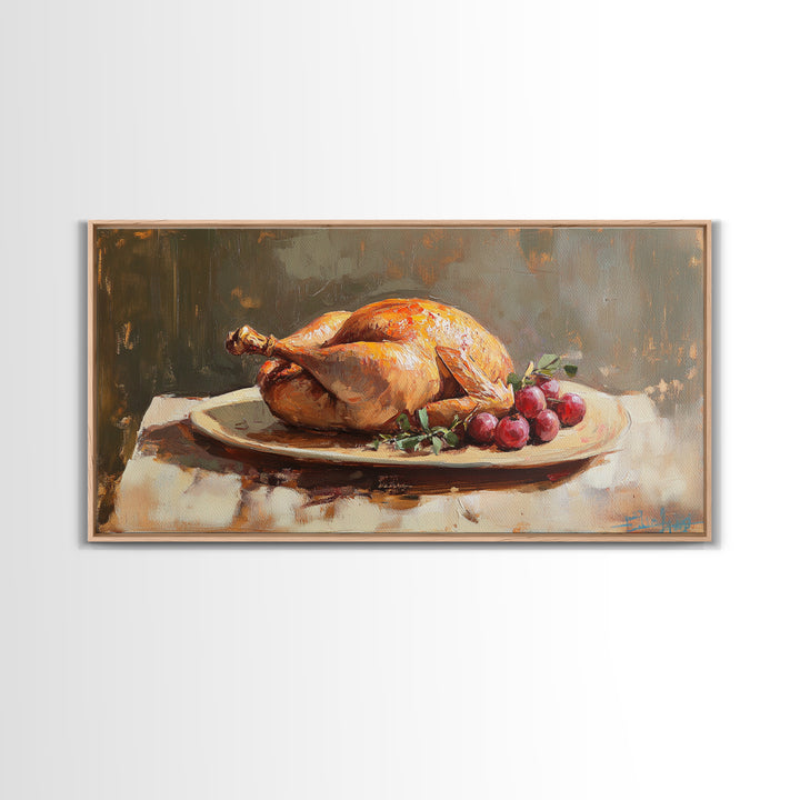 Roast Chicken And Grapes Oil Painting Wall Art, Rustic Kitchen Decor, Foodie Gift, Farmhouse Dining Room Canvas Print For Chefs