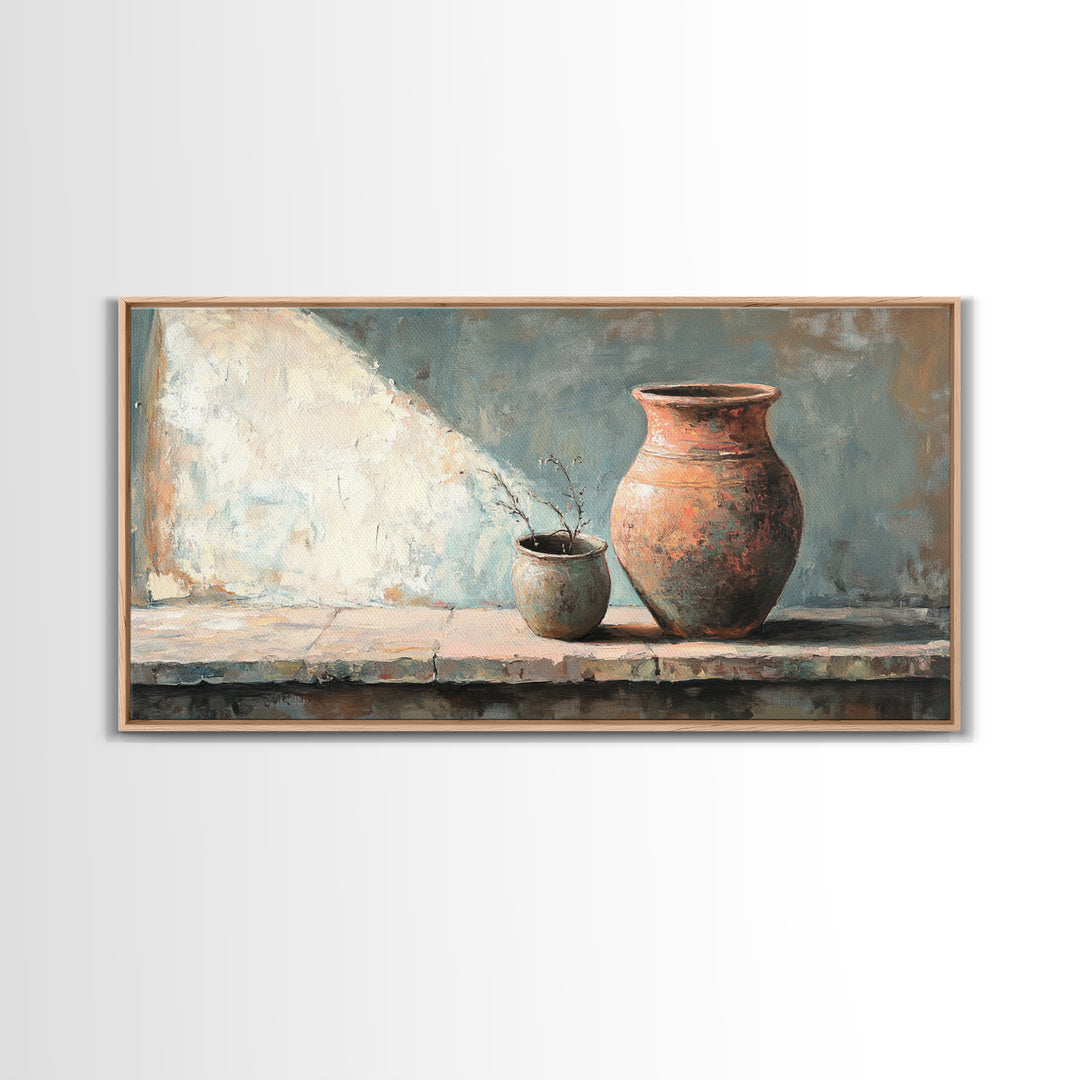 Rustic Terracotta Vase Still Life Wall Art, Earth Tone Kitchen Decor, Farmhouse Canvas Print, Warm Neutral Living Room Art