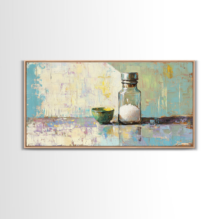 Sunlit Salt Bottle And Green Bowl Canvas Print, Minimalist Kitchen Wall Art, Coastal Neutral Decor, Modern Home Decor Gift