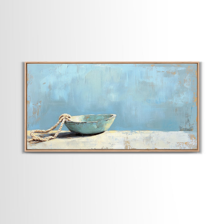 Weathered Blue Bowl With Rope Nautical Wall Art, Coastal Home Decor, Beach House Canvas Print, Minimalist Ocean Wall Decor