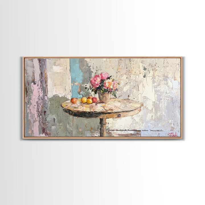 Round Cafe Table With Roses And Fruit Wall Art, French Country Kitchen Decor, Floral Still Life Canvas Print, Housewarming Gift