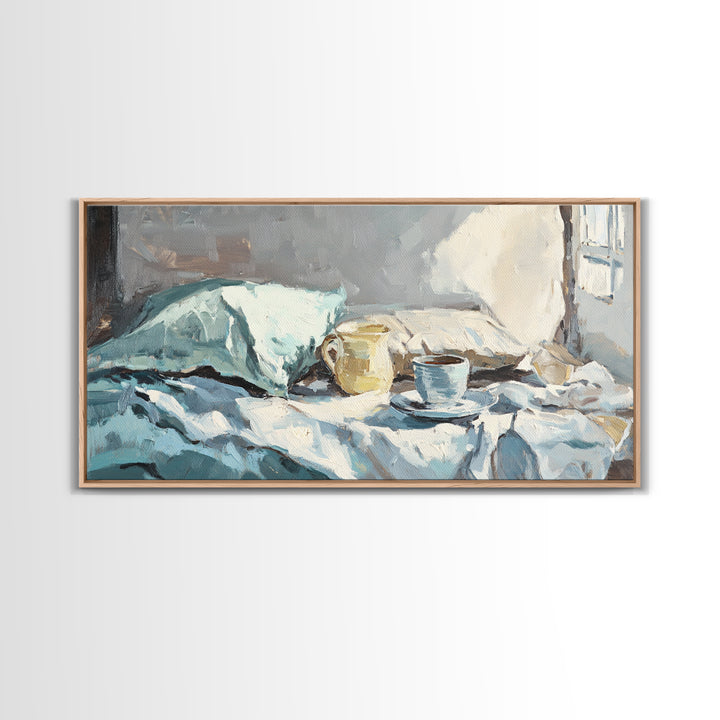 Morning Coffee In Bed With Blue Linens Wall Art, Cozy Bedroom Canvas Print, Guest Room Decor, Above Bed Art Gift For Her