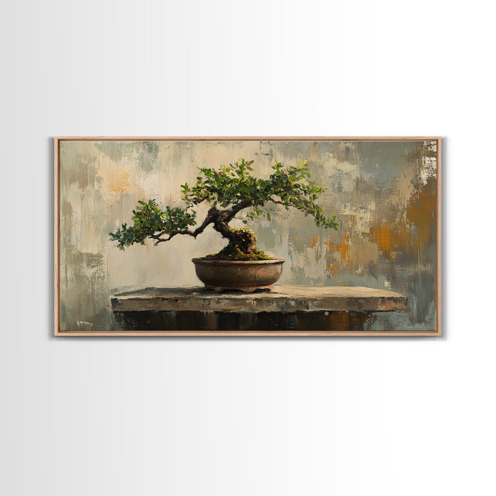 Textured Bonsai Tree In Rustic Pot Framed Canvas Print, Japandi Zen Home Decor, Nature Wall Art, Office Decor Housewarming Gift