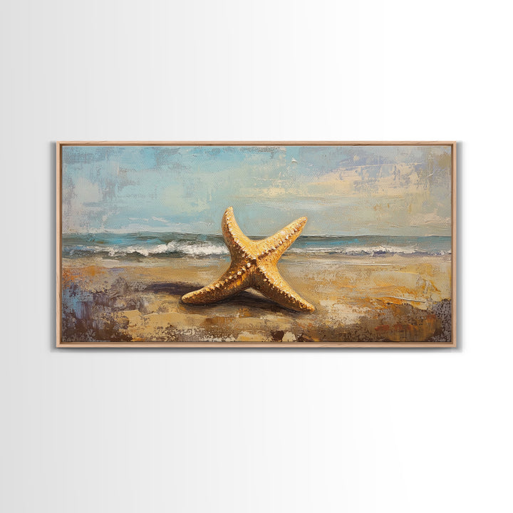 Golden Starfish On Sandy Beach Canvas Print, Coastal Wall Art, Ocean Wall Decor, Beach House Decor, Summer Home Decor Gift